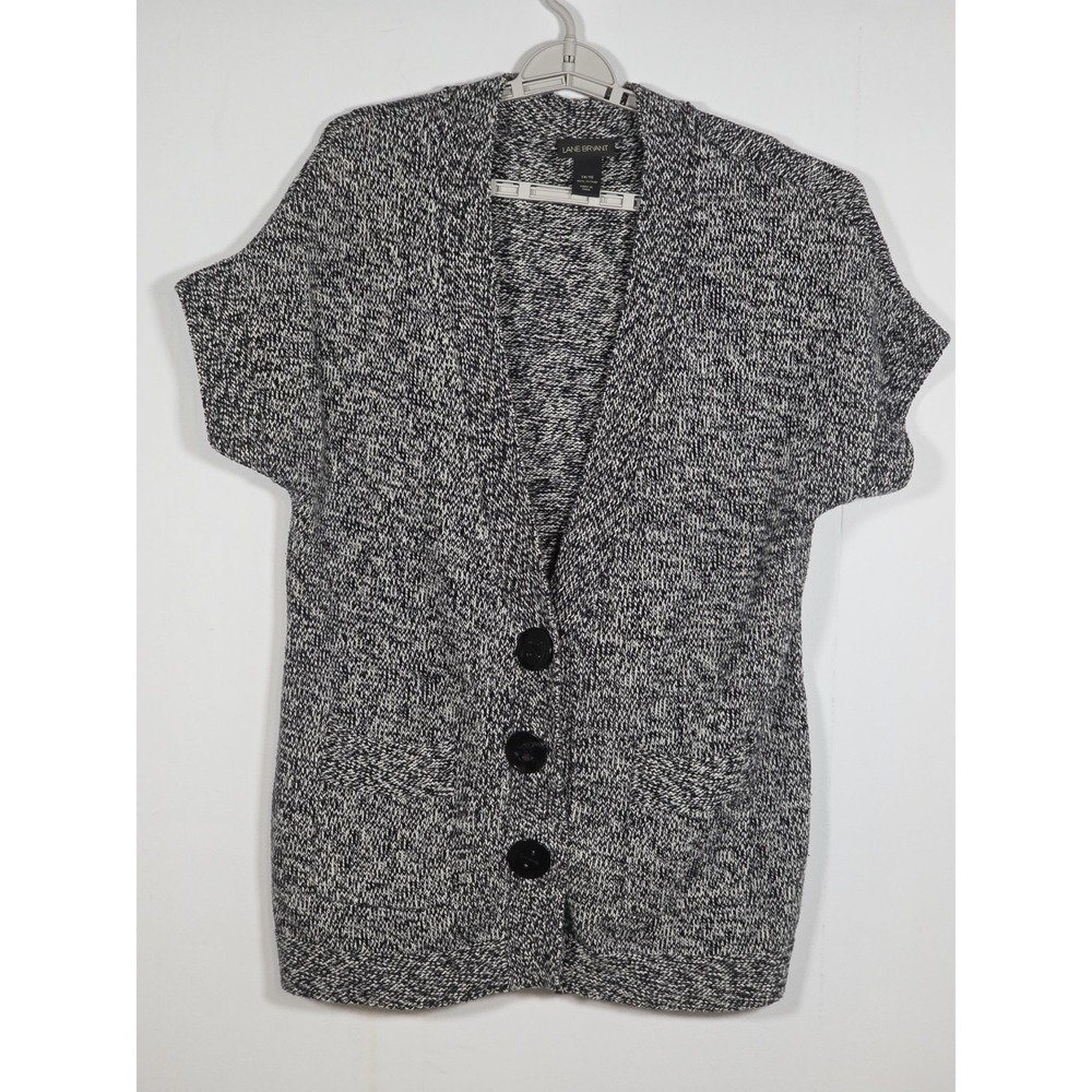 Lane Bryant Womens 14 16 Black Marled Short Sleeve Cardigan Sweater Knit Pockets